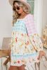 Pink Boho Floral and Plaid Patchwork Ricrac Lantern Sleeve Dress