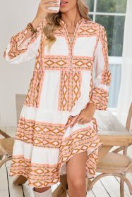 Orange Boho Geometric V-Neck Frill Tiered Mini Dress (size: (US 8-10)M)