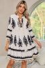 Beige Ethnic Print Notch V Neck Fringe Mini Dress