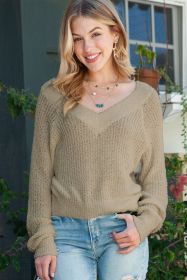 Apricot Casual V Neck Pullover Sweater (size: (US 24-26)3XL)