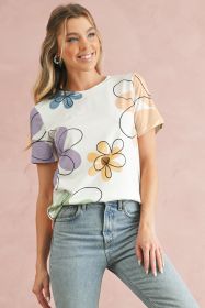 Beige Summer Flower Print Round Neck T Shirt (size: (US 8-10)M)