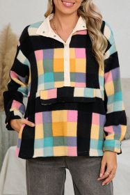 Black Checkered Pocketed Half Button Collared Sweatshirt (size: (US 8-10)M)