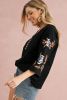 Black Floral Embroidered Sleeve Bohemian V Neck Blouse