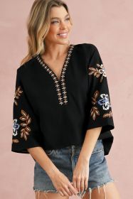 Black Floral Embroidered Sleeve Bohemian V Neck Blouse (size: (US 20-22)2XL)