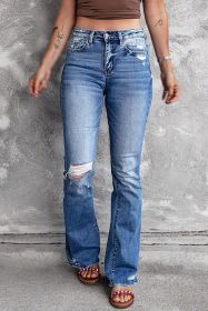 Dark Blue Ripped Raw Hem High Waist Flare Jeans (size: 12)