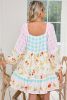 Pink Boho Floral and Plaid Patchwork Ricrac Lantern Sleeve Dress