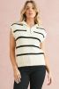 White Stripe Zipped Collar Cap Sleeve Knit Top