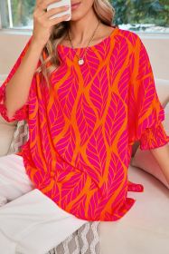 Rose Tropical Leaf Print Smocked Cuffs Loose Blouse (size: (US 20-22)2XL)
