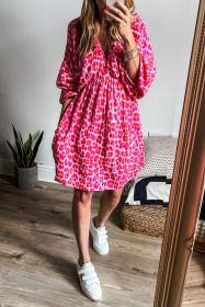 Pink V Neck 3/4 Puff Sleeve Leopard Print Dress (size: (US 8-10)M)