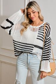 White Striped Lantern Sleeve Hollow Knitted Sweater (size: (US 8-10)M)