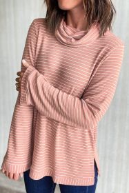 Pink Stripe Cowl Neck Side Slits Loose Fit Long Sleeve Top (size: (US 12-14)L)