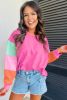 Rose Red Color Block Sleeve Loose Fit Top