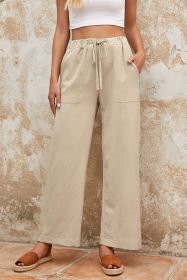 Khaki Drawstring Waist Crinkled Wide Leg Pants (size: (US 4-6)S)