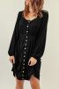 Black Button Front Scoop Neck Long Sleeve Pocket Dress