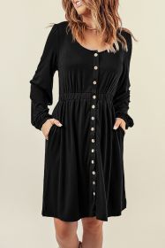 Black Button Front Scoop Neck Long Sleeve Pocket Dress (size: (US 4-6)S)