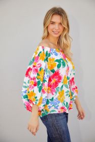 Watercolor Bohemian Flower Print Off Shoulder Blouse (size: (US 12-14)L)