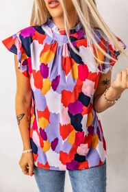 Multicolor Abstract Print Frill Neck Ruffle Sleeve Summer Top (size: (US 8-10)M)