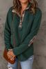 Green Plaid Geometric Texture Trim Buttons Neck Quilted Sweatshirt