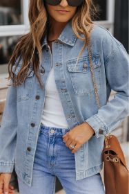 Light Blue Acid Washed Casual Flap Pocket Boyfriend Shacket (size: (US 8-10)M)