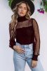 Red Sexy Sheer Dotty Puff Sleeve Ribbed Velvet Bodysuit