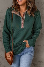 Green Plaid Geometric Texture Trim Buttons Neck Quilted Sweatshirt (size: (US 8-10)M)