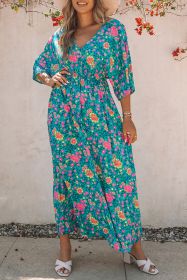 Floral Print Deep V Neck Flutter Sleeve Boho Maxi Dress (size: (US 16-18)XL)