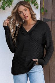 Black Split V Neck Pullover Knit Sweater Hoodie (size: (US 4-6)S)