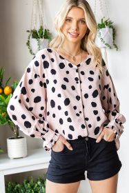 Pink Dot Print Button Frill Cuffs Casual Puff Sleeve Blouse (size: (US 16-18)XL)