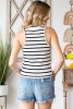 White Striped Crew Neck Casual Ribbed Tank Top