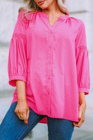 Hot Pink Dot Embossed High Low Hem Button Down Blouse (size: (US 12-14)L)