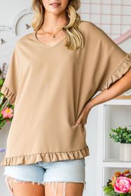 Khaki Ruffle Trim V Neck Short Sleeve Blouse (size: (US 4-6)S)