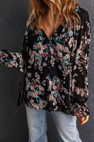 Black Floral Boho Chiffon Peasant Sleeve Blouse (size: (US 12-14)L)