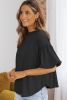 Black Solid Color Basic Bubble Sleeve Plain Blouse