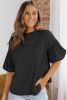 Black Solid Color Basic Bubble Sleeve Plain Blouse