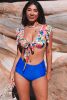 Dark Blue Sexy Deep V Neck Tie Ruffles High Waisted Bikini Set