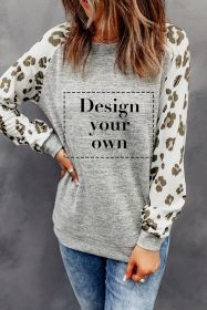 Blank Sweatshirt - Grey Raglan Sleeve Cheetah Print Sleeve Long Sleeve Shirt Customized (size: (US 8-10)M)