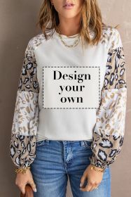 Blank Sweatshirt - Ivory Cheetah Print Lantern Sleeve Crew Neck Raglan Shirt Customized (size: (US 4-6)S)