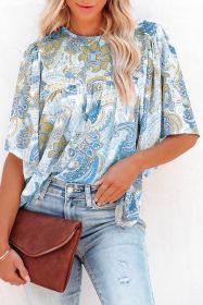 Light Blue Paisley Print Flounce Sleeves Loose Blouse (size: (US 4-6)S)