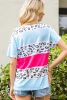 Leopard Print Color Block Short Sleeve Boat Neck Top