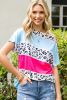 Leopard Print Color Block Short Sleeve Boat Neck Top