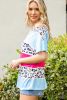 Leopard Print Color Block Short Sleeve Boat Neck Top
