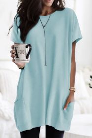 Light Blue Plain Loose Pocket Casual Tunic Long T-Shirt (size: (US 4-6)S)