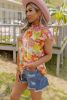 Multicolor Stand Collar Flutter Sleeves Floral Top