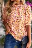Orange Floral Boho Frill Mock Neck Blouse