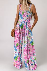 Pink Abstract Floral Painting Smocked Wide Leg Jumpsuit (size: (US 16-18)XL)