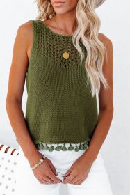 Green Tasseled Crochet Hollow-out Knit Tank Top (size: (US 16-18)XL)