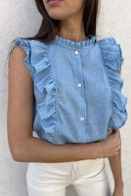 Light Blue Ruffle Trim Sleeveless Button Up Shirt (size: (US 16-18)XL)