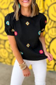 Black Embroidered 60s Flower Short Puff Sleeve Tee (size: (US 16-18)XL)