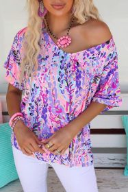 Pink Boho Abstract Floral Print V Neck T Shirt (size: (US 16-18)XL)