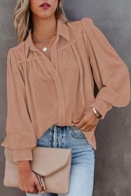 Khaki Solid Color Casual Button Up Puff Sleeve Pleated Shirt (size: (US 4-6)S)